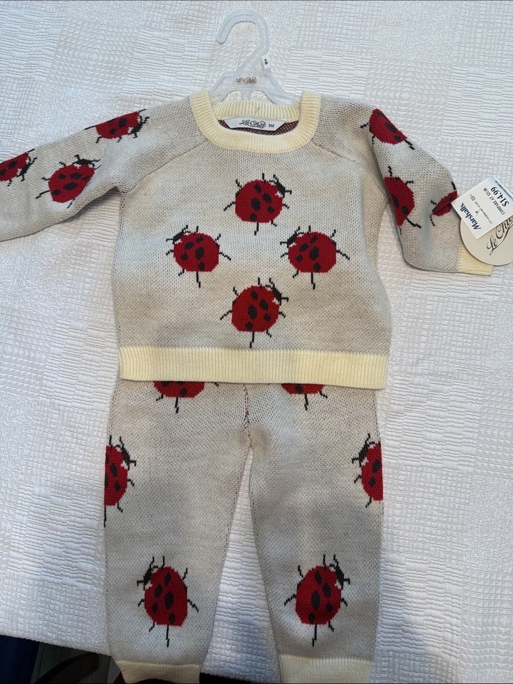 chic Cream Knit Pajama Set with Red Ladybug Print